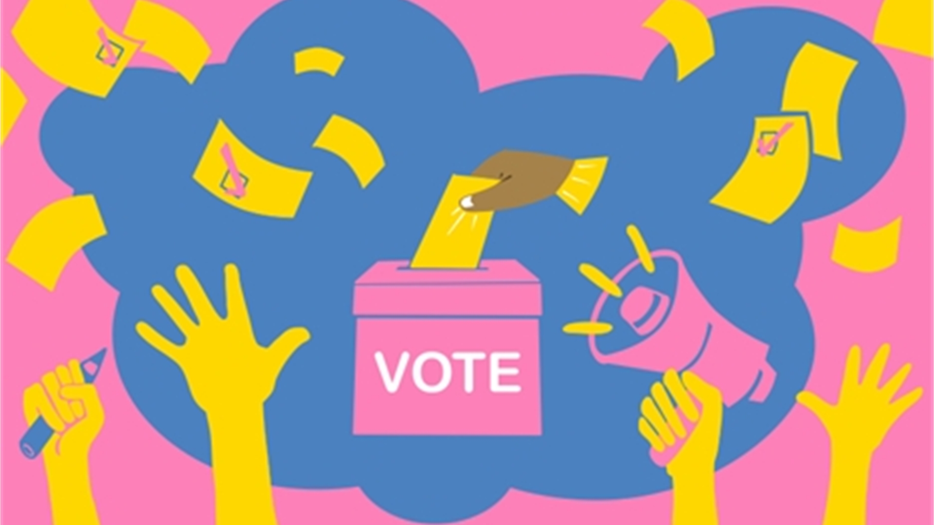 An illustration showing a voting box with megaphones and voter ballots floating around it