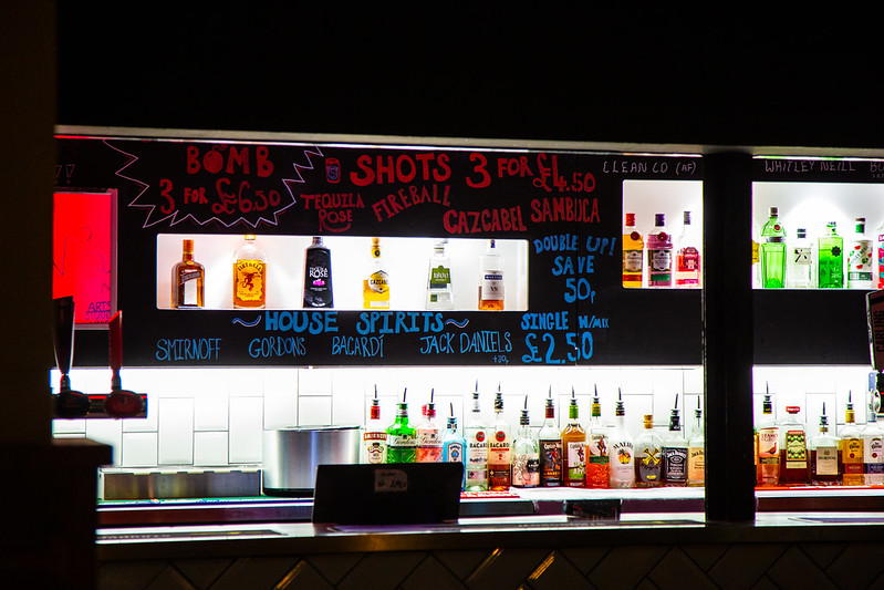 Drinks offers and bottles of spirits on display