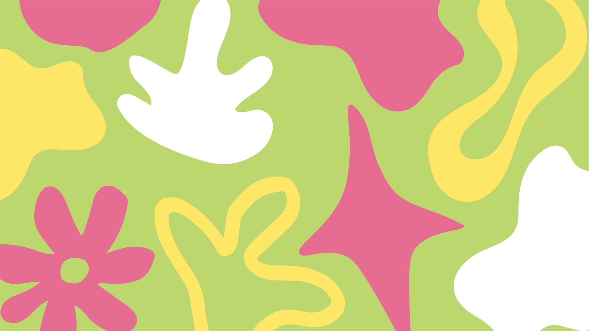 A green background with colourful white, pink and yellow shapes