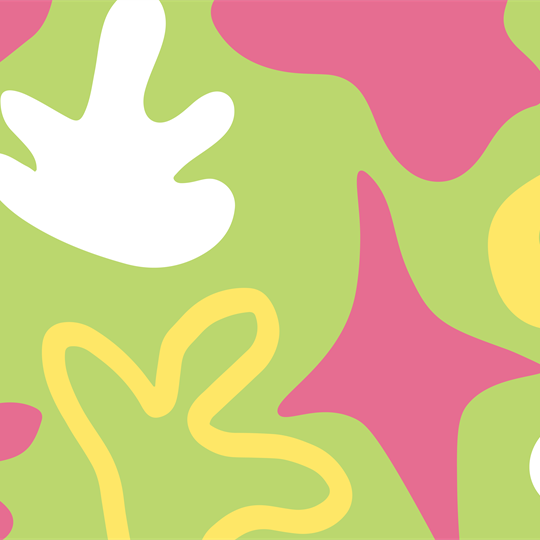 A green background with colourful white, pink and yellow shapes