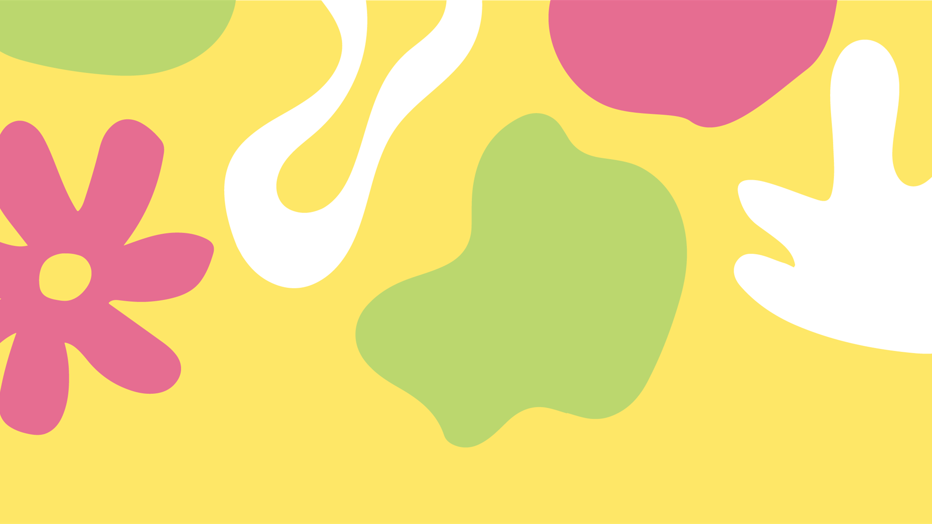 A yellow background with colourful white, pink and green shapes
