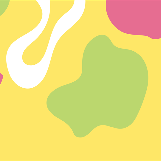 A yellow background with colourful white, pink and green shapes